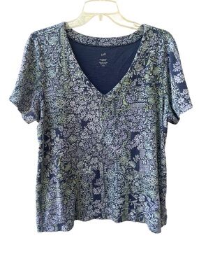 J. Jill Women’s Large Petite Pima Slub Knit V-Neck Tee Blue Floral Pima Cotton